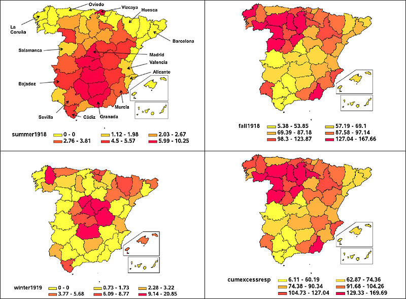 Chowell2014 1918 influenza excess mortality in Spain map