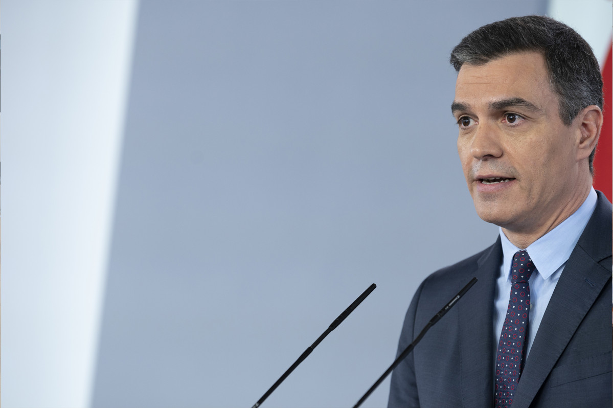 El presidente del Gobierno, Pedro Sánchez, durante una rueda de prensa en el Palacio de la Moncloa.