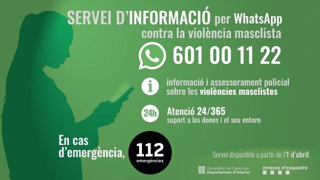 El nuevo número de WhatsApp de los Mossos d'Esquadra de atención e información sobre violencia machista (601 00 11 22) ha empezado a funcionar este jueves, 1 de abril de 2021.