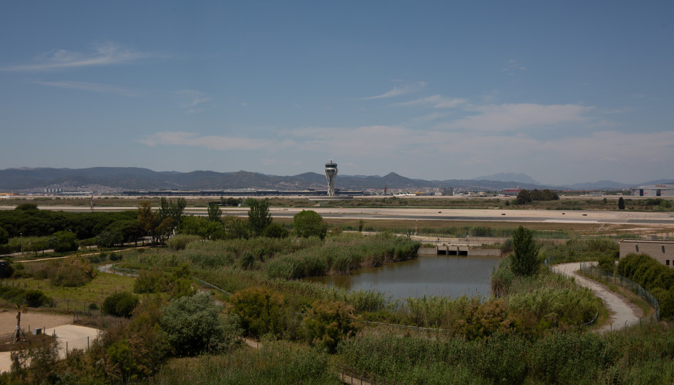 El aeropuerto de de Josep Tarradellas Barcelona-El Prat, cerca del espacio protegido natural de La Ricarda, a 9 de junio de 2021, en El Prat de Llobregat, Barcelona, Cataluña (España).