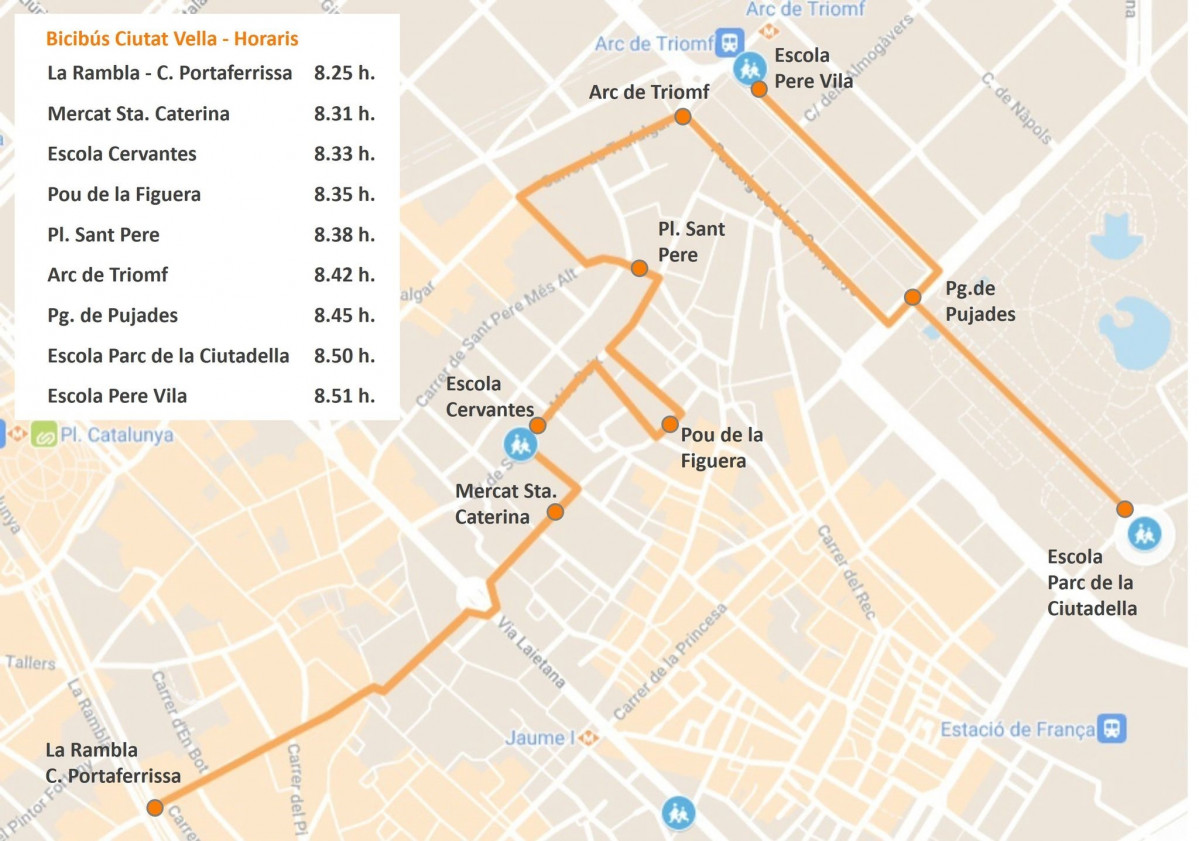 Plano de la ruta 'Bicibus' en los tres centros escolars Barcelona.