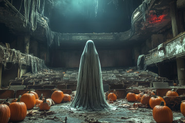 Escena de halloween de estilo oscuro con fantasmas y calabazas