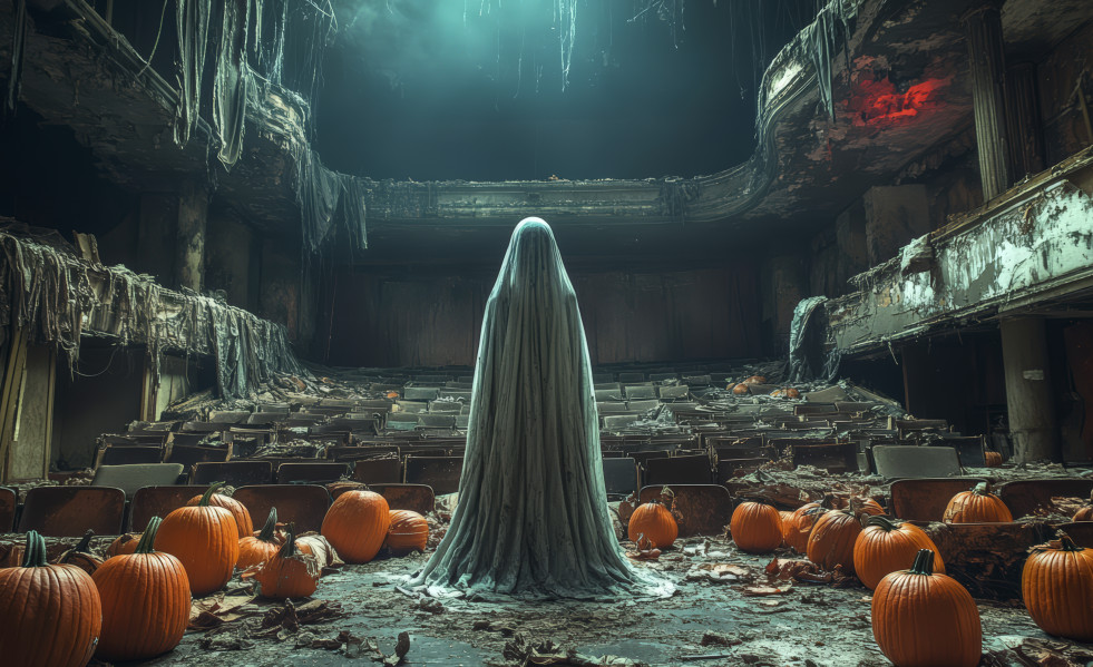 Escena de halloween de estilo oscuro con fantasmas y calabazas