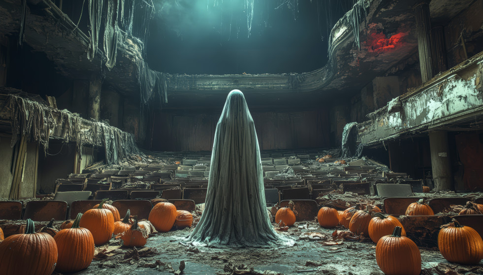 Escena de halloween de estilo oscuro con fantasmas y calabazas