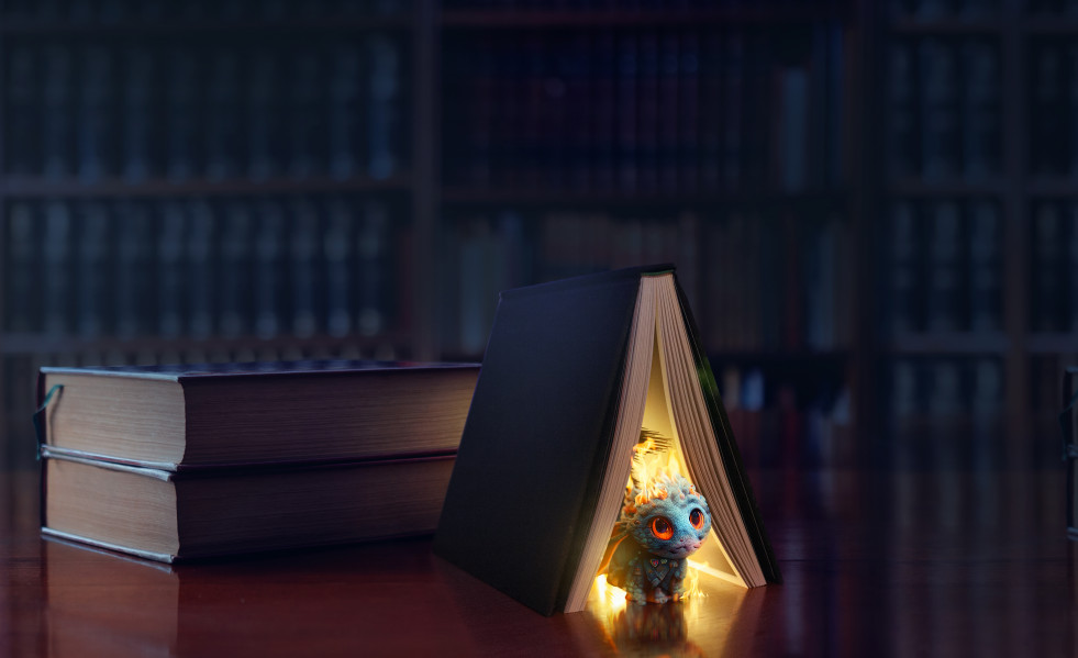 Libro abierto con escena de cuento de hadas