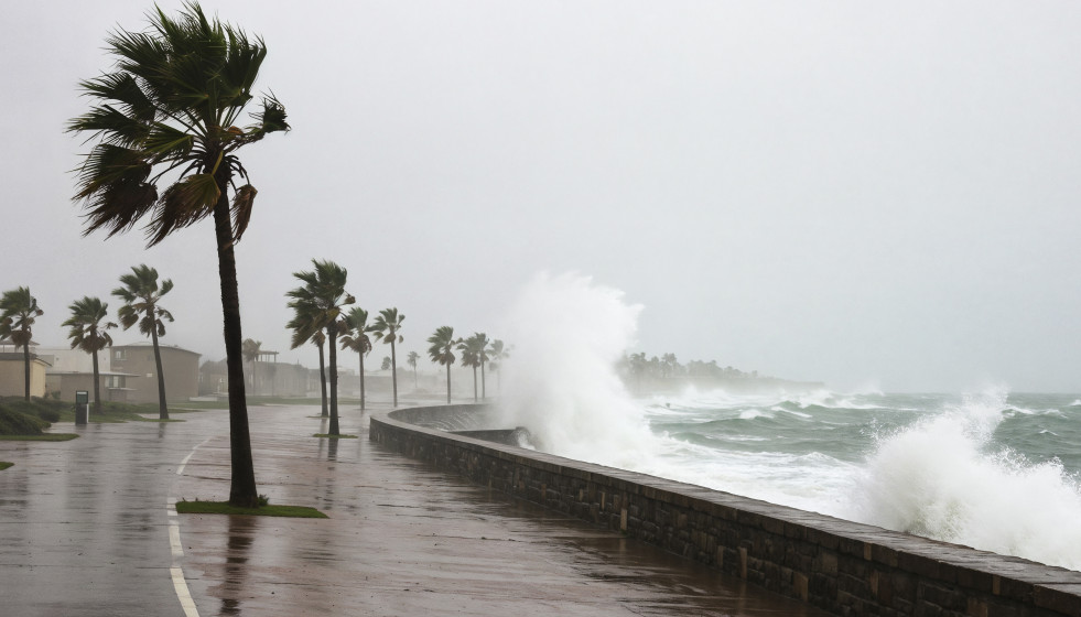 Stormy coastal scene with palm trees crashing waves