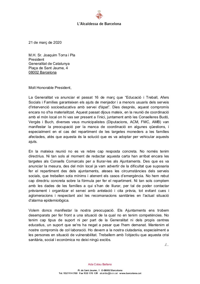 Carta de l'Ajuntament de Barcelona i altres 49 ajuntaments catalans al president de la Generalitat, Quim Torra, per demanar coordinació sobre les beques menjador davant el coronavirus: enviada el 21 de març de 2020