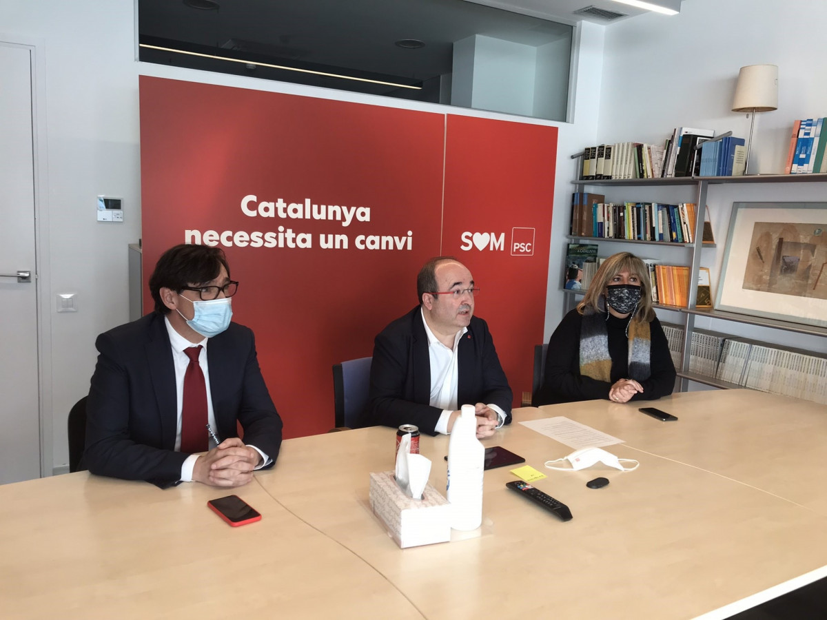 Salvador Illa, Miquel Iceta y Núria Marín este miércoles en el Consell Nacional telemático sobre la candiatura del PSC en las elecciones catalanas