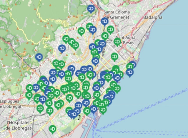 Mapa de los puntos de recarga de vehículos eléctricos de B:SM en Barcelona