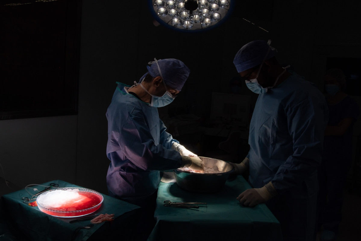 Dos profesionales realizan un trasplante de riñón de donante vivo en un quirófano del Hospital Clínic de Barcelona