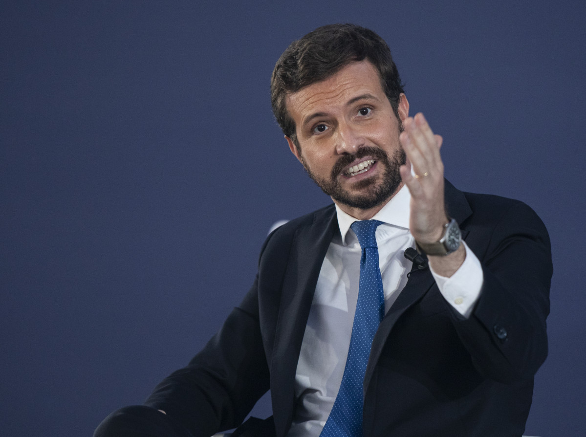 El presidente del PP, Pablo Casado, durante su intervención en la convención sobre 'La fortaleza de las instituciones' en el marco de la Convención Nacional del PP. A 30 de septiembre de 2021, en Sevilla (Andalucía, España).