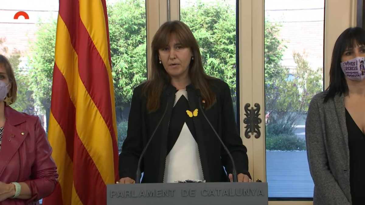 La presidenta del Parlament, Laura Borràs, en una declaración institucional con motivo del cuarto aniversario de la declaración unilateral de independencia.
